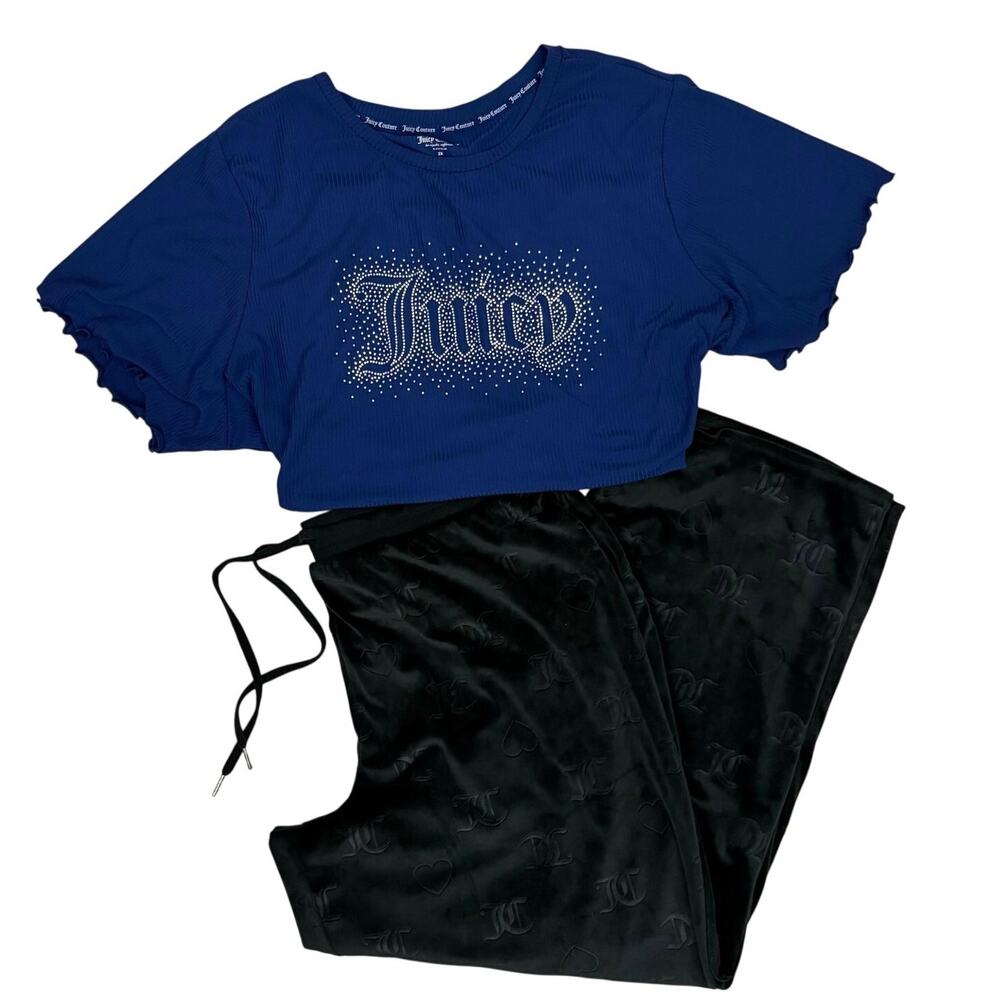 Juicy Couture 2X Velour Pajama Set Blue Rhinestone Top Black Logo Pants Y2K